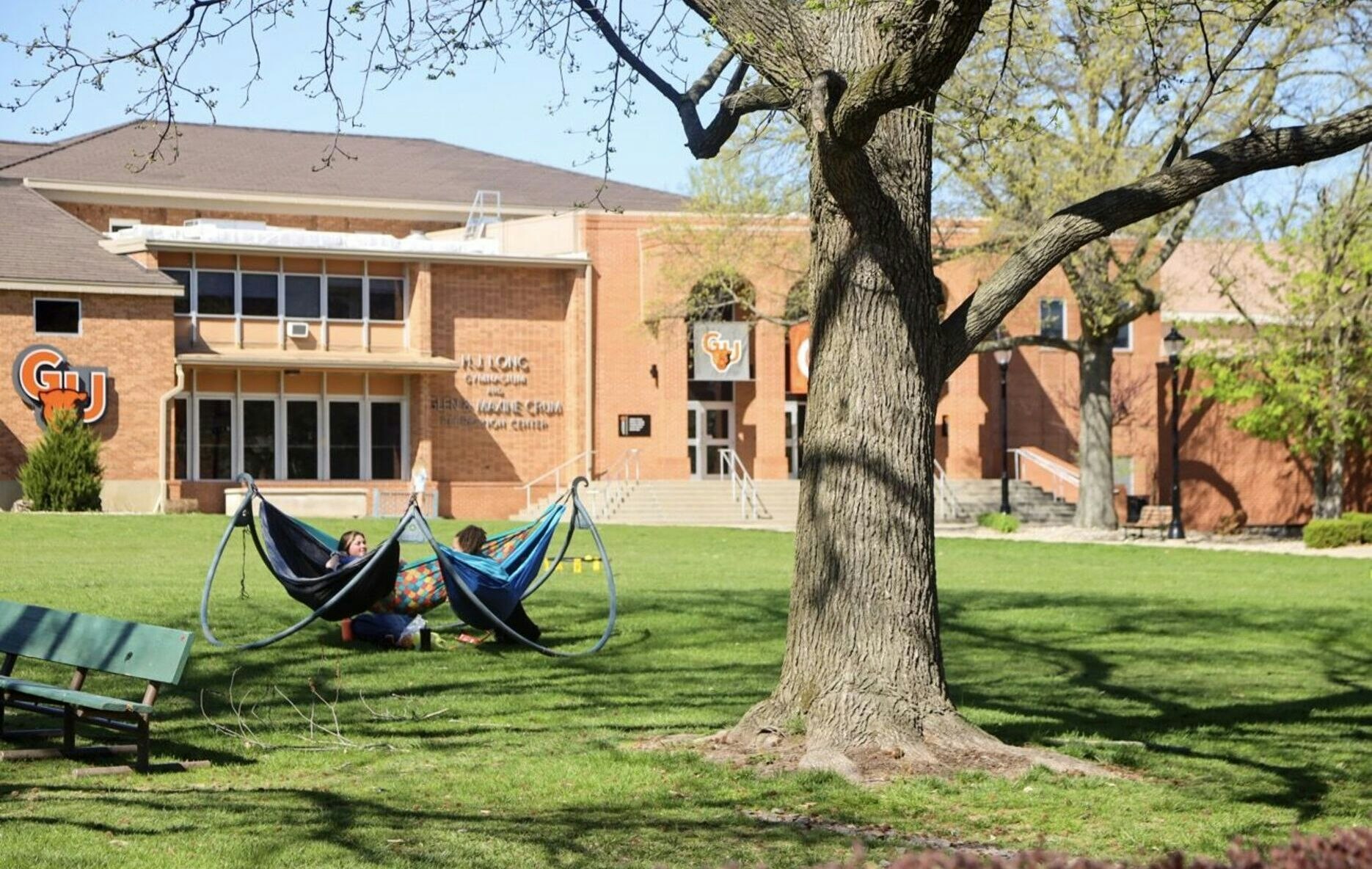Students relaxing in hammocks
